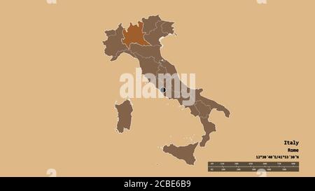 Entsättigte Form von Italien mit seiner Hauptstadt, der wichtigsten regionalen Teilung und der getrennten Lombardia-Gebiet. Beschriftungen. Komposition von gemusterten Texturen. 3D-RE Stockfoto