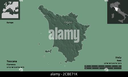 Form der Toscana, Region von Italien, und seine Hauptstadt. Entfernungsskala, Vorschauen und Beschriftungen. Farbige Höhenkarte. 3D-Rendering Stockfoto