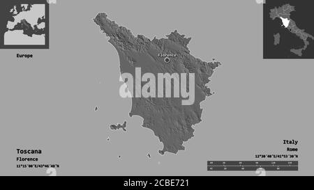 Form der Toscana, Region von Italien, und seine Hauptstadt. Entfernungsskala, Vorschauen und Beschriftungen. Höhenkarte mit zwei Ebenen. 3D-Rendering Stockfoto