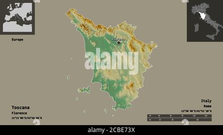 Form der Toscana, Region von Italien, und seine Hauptstadt. Entfernungsskala, Vorschauen und Beschriftungen. Topografische Reliefkarte. 3D-Rendering Stockfoto