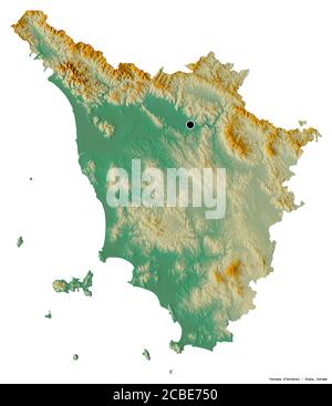 Form von Toscana, Region von Italien, mit seiner Hauptstadt isoliert auf weißem Hintergrund. Topografische Reliefkarte. 3D-Rendering Stockfoto