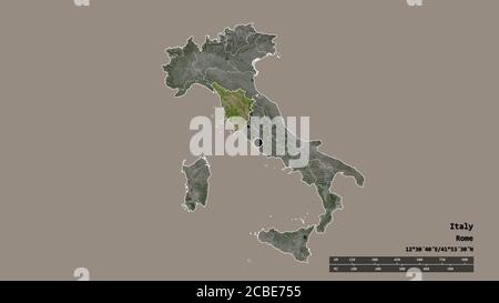 Entsättigte Form von Italien mit seiner Hauptstadt, der wichtigsten regionalen Teilung und der getrennten Toscana-Region. Beschriftungen. Satellitenbilder. 3D-Rendering Stockfoto