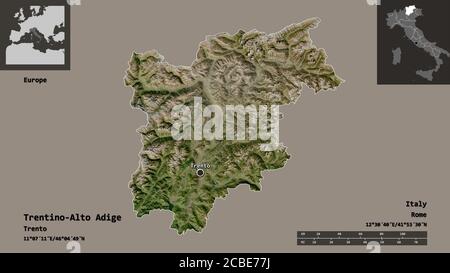 Form von Trentino-Südtirol, autonome Region Italiens, und seine Hauptstadt. Entfernungsskala, Vorschauen und Beschriftungen. Satellitenbilder. 3D-Rendering Stockfoto