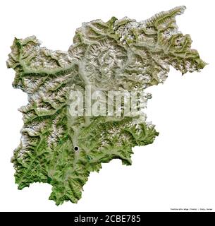 Form von Trentino-Südtirol, autonome Region Italiens, mit seiner Hauptstadt isoliert auf weißem Hintergrund. Satellitenbilder. 3D-Rendering Stockfoto