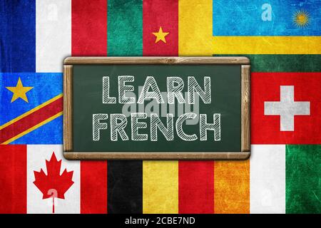 Lernen Sie Französisch - Vintage-Hintergrund-Konzept Stockfoto