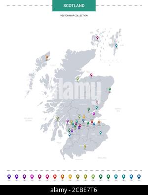 Schottland-Karte mit Positionsmarkierungen. Infografik Vektorvorlage, isoliert auf weißem Hintergrund. Stock Vektor