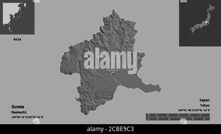 Form von Gunma, Präfektur von Japan, und seine Hauptstadt. Entfernungsskala, Vorschauen und Beschriftungen. Höhenkarte mit zwei Ebenen. 3D-Rendering Stockfoto