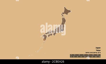 Entsättigte Form von Japan mit seiner Hauptstadt, der wichtigsten regionalen Teilung und der abgetrennten Kagoshima-Bereich. Beschriftungen. Komposition von gemusterten Texturen. 3D-RE Stockfoto