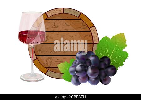 Fass, Wein und Trauben isoliert auf weißem Hintergrund. Holzweinfass, trockenes Rotweinglas und blaue Traube. Weinkarte. Vektorgrafik Stock Vektor