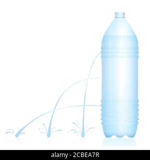 Plastikflasche mit verschiedenen Wasserstrahlen - schwacher, mittlerer und starker Strahl. Physikalisches Experiment zur Fluiddynamik. Stockfoto