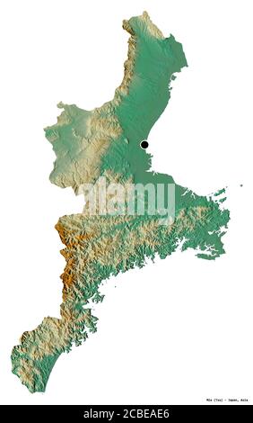 Form von Mie, Präfektur von Japan, mit seiner Hauptstadt isoliert auf weißem Hintergrund. Topografische Reliefkarte. 3D-Rendering Stockfoto