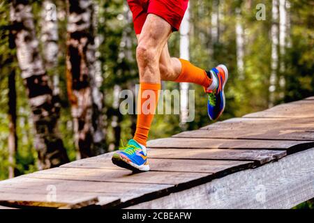 Beine Mann Läufer in Kompressionssocken laufen auf Holzbrücke Im Wald Stockfoto