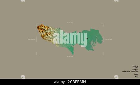 Bereich von Tokyo, Metropole von Japan, isoliert auf einem soliden Hintergrund in einem georeferenzierten Begrenzungsrahmen. Beschriftungen. Topografische Reliefkarte. 3D-Rendering Stockfoto