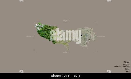 Bereich von Tokyo, Metropole von Japan, isoliert auf einem soliden Hintergrund in einem georeferenzierten Begrenzungsrahmen. Beschriftungen. Satellitenbilder. 3D-Rendering Stockfoto