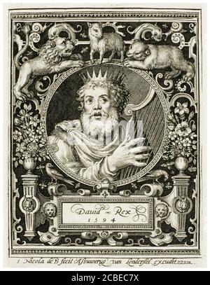 König David, Platte fünf aus den neun Worthies, Porträtstich von Nicolaes de Bruyn, 1594 Stockfoto