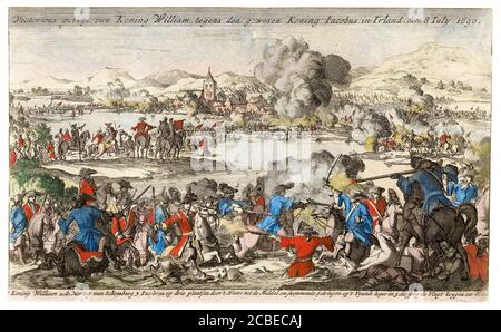 Die Schlacht an der Boyne, Irland, zwischen dem abgesetzten katholischen König Jakob II. Von England und dem protestantischen König Wilhelm III. Von England am 1. Juli 1690 (OS), Druck nach Jan Luyken, 1692-1694 Stockfoto