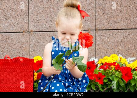 Ein kleines Mädchen in einem blauen Kleid und einem roten Bow sitzt mit farbigen Taschen auf der Straße daneben Blumen Stockfoto