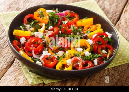 Mehrfarbiger Paprikasalat mit Zwiebeln, Kräutern und Feta-Käse aus der Nähe auf einem Teller auf dem Tisch. Horizontal Stockfoto