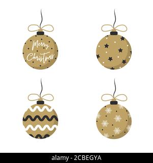Goldene weihnachtskugeln mit Geschenkschleifen isoliert auf weiß. Set von weihnachtsbaum Dekoration. Vektorgrafik im flachen Stil. Stock Vektor