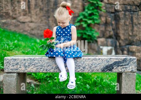 Kleines Mädchen in einem blauen Kleid mit weißen Tupfen Sitzt auf einer Bank mit einer Rose Stockfoto