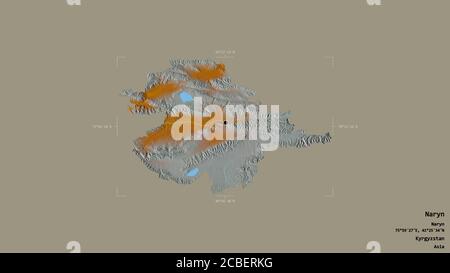 Gebiet von Naryn, Provinz Kirgisistan, isoliert auf einem soliden Hintergrund in einem georeferenzierten Begrenzungsrahmen. Beschriftungen. Topografische Reliefkarte. 3D-Rendering Stockfoto