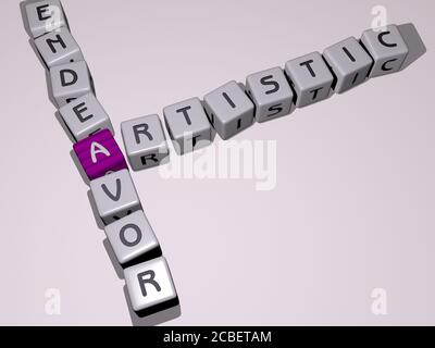 Kunst: Künstlerische Endeavour Kreuzworträtsel von kubischen Würfel Buchstaben - 3D-Illustration für Hintergrund und abstrakt Stockfoto