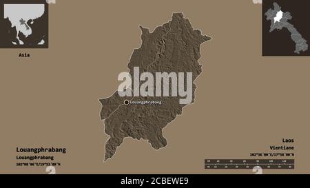 Form von Louangphrabang, Provinz Laos, und seine Hauptstadt. Entfernungsskala, Vorschauen und Beschriftungen. Farbige Höhenkarte. 3D-Rendering Stockfoto