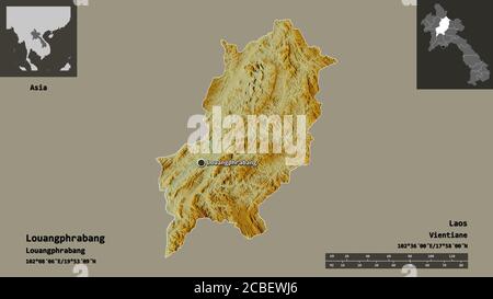 Form von Louangphrabang, Provinz Laos, und seine Hauptstadt. Entfernungsskala, Vorschauen und Beschriftungen. Topografische Reliefkarte. 3D-Rendering Stockfoto