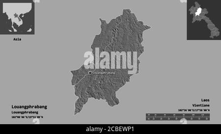 Form von Louangphrabang, Provinz Laos, und seine Hauptstadt. Entfernungsskala, Vorschauen und Beschriftungen. Höhenkarte mit zwei Ebenen. 3D-Rendering Stockfoto