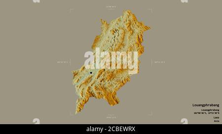 Gebiet von Louangphrabang, Provinz Laos, isoliert auf einem soliden Hintergrund in einem georeferenzierten Begrenzungsrahmen. Beschriftungen. Topografische Reliefkarte. 3D-Rendering Stockfoto