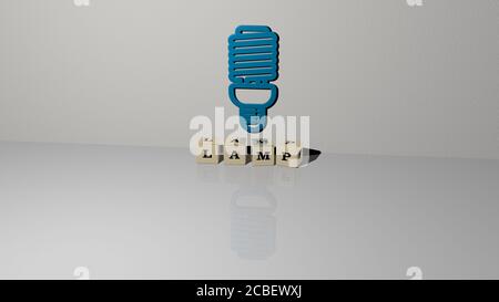 LAMPE Text von Würfeln Buchstaben auf dem Boden und 3D-Symbol an der Wand - 3D-Illustration für den Hintergrund Und Licht Stockfoto