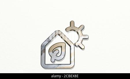 ECO HOUSE SUN 3D-Symbol an der Wand - 3D Illustration für Hintergrund und Design Stockfoto