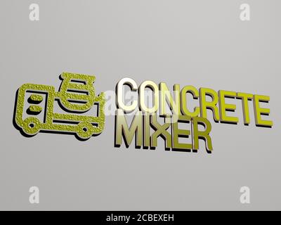 Betonmischer Icon und Text an der Wand - 3D Illustration für Hintergrund und Architektur Stockfoto
