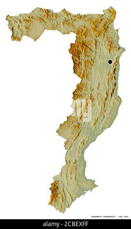 Form von Xaignabouri, Provinz Laos, mit seiner Hauptstadt isoliert auf weißem Hintergrund. Topografische Reliefkarte. 3D-Rendering Stockfoto