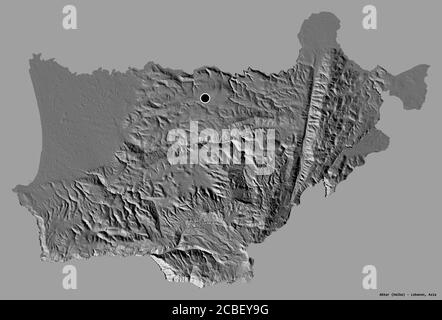 Form von Akkar, Gouvernement des Libanon, mit seiner Hauptstadt isoliert auf einem einfarbigen Hintergrund. Höhenkarte mit zwei Ebenen. 3D-Rendering Stockfoto