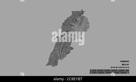 Entsättigte Form des Libanon mit seiner Hauptstadt, Hauptregionalteilung und dem abgetrennten Baalbak-Hermel-Gebiet. Beschriftungen. Höhenkarte mit zwei Ebenen. 3D-Renderi Stockfoto
