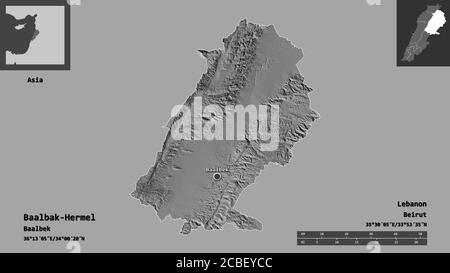 Form von Baalbak-Hermel, Gouvernement des Libanon, und seine Hauptstadt. Entfernungsskala, Vorschauen und Beschriftungen. Höhenkarte mit zwei Ebenen. 3D-Rendering Stockfoto