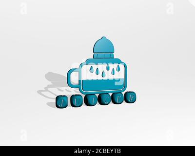 ENTSAFTER 3D-Symbol über kubischen Buchstaben - 3D-Illustration für Trinken und Zitrusfrüchte Stockfoto