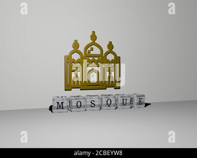 Moschee 3D-Symbol an der Wand und kubische Buchstaben auf Der Boden - 3D-Illustration für Architektur und Gebäude Stockfoto