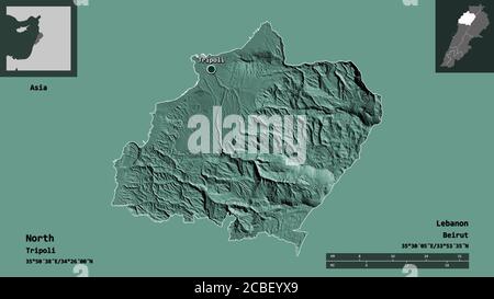 Form des Nordens, Gouvernement des Libanon, und seine Hauptstadt. Entfernungsskala, Vorschauen und Beschriftungen. Farbige Höhenkarte. 3D-Rendering Stockfoto