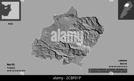 Form des Nordens, Gouvernement des Libanon, und seine Hauptstadt. Entfernungsskala, Vorschauen und Beschriftungen. Höhenkarte mit zwei Ebenen. 3D-Rendering Stockfoto