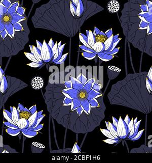 Nahtloses Blumenmuster mit blauen Lotusblumen auf schwarzem Hintergrund. Stock-Vektor Stock Vektor