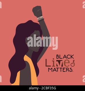 Schwarze Frau Cartoon mit Faust nach oben in der Seitenansicht mit Black Lives Matters Text Design von Protest Gerechtigkeit und Rassismus Darstellung des Motivvektors Stock Vektor