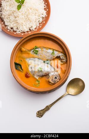Spicy Fish Curry - kerala, konkan, bengalen, goa Stil in rot und braun, serviert mit Reis Stockfoto
