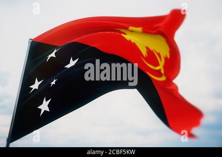 Wehende Flaggen der Welt - Flagge von Papua-Neuguinea. Aufnahme mit geringer Schärfentiefe und selektivem Fokus. 3D-Illustration. Stockfoto