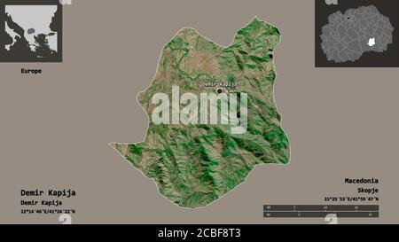 Form von Demir Kapija, Gemeinde Mazedonien, und seine Hauptstadt. Entfernungsskala, Vorschauen und Beschriftungen. Satellitenbilder. 3D-Rendering Stockfoto