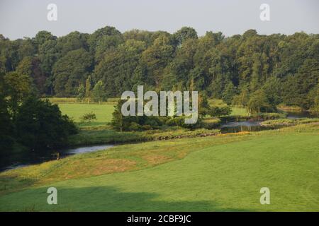 Der Fluss Ribble Tal stromaufwärts von Gisburn Lancashire in gesetzt Schöne hügelige Landschaft Stockfoto