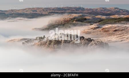 Panoramablick auf die wunderschöne Wolkeninversion, die bei Sonnenaufgang von den hängen des Ben Cruchan beobachtet wird, während die Hügel über Loch Awe aus dem Meer des Clos hervorgehen Stockfoto