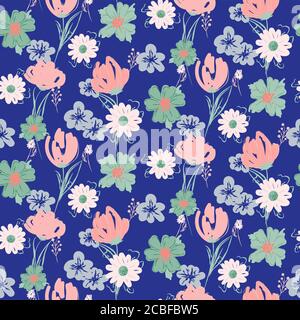 Florales nahtloses blaues Muster mit Wildblumen und Wiesenpflanzen. Stock Vektor