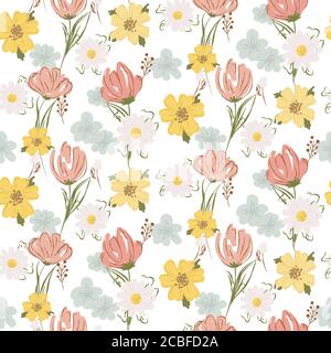 Florales Nahtmuster mit Wildblumen und Wiesenpflanzen. Stock Vektor